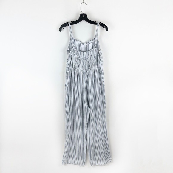 Old Navy Linen Cropped Jumpsuit Smocked Back Blue Stripe Boho Lagenlook - Picture 6 of 16